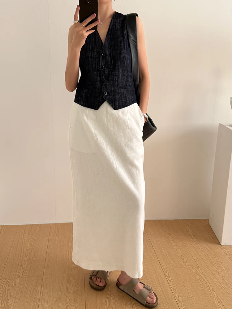 

Льняная юбка-миди для похудения с разрезом и эластичной талией, дышащая, непрозрачная, женская