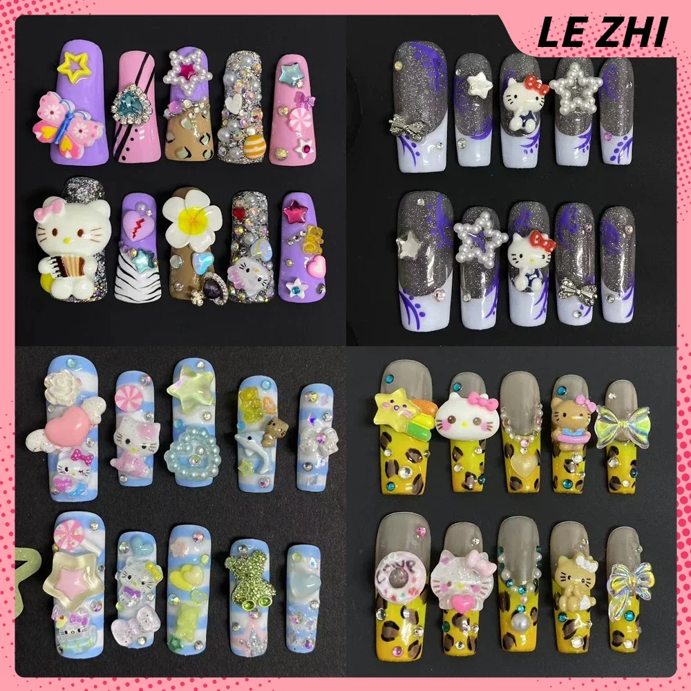 Nail Party Stickers Handmade Hellokitty Duck Web Square Press On Nail Blue Hawaiian Black Skin Kt Zebra Print Rhinestone Glitter