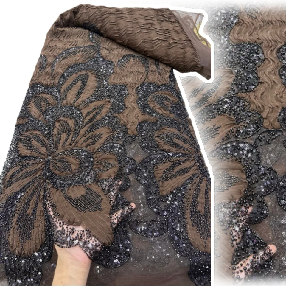 

Африканское кружево 5 ярдов, высококачественное, 2026, нигерийское, розовое, с пайетками, бисером, 3D вышивкой, цветочное, для шитья, 2281