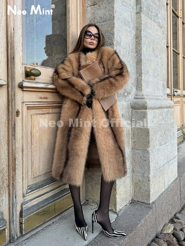 Neo Mint Women Faux Fur Long Coat Luxury Fluffy Oversized Winter Jacket Open Front Fuzzy Outerwear Elegant Vintage Warm Coat