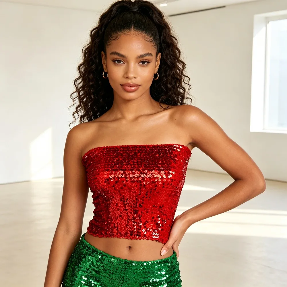 Women Glitter Sequin Strapless Tube Top Elastic Bandeau Sleeveless Crop Top Party Stage Performance Tops