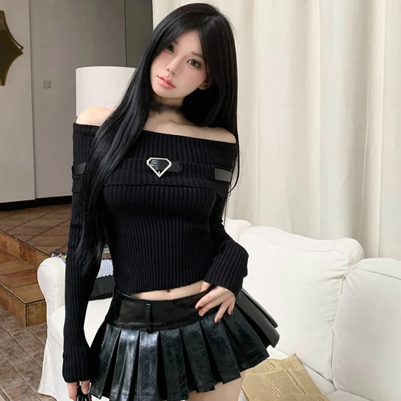 

Women's Top Solid Color Off Shoulder Belt Decoration Fashion Temperament Knitted Long Sleeves Top