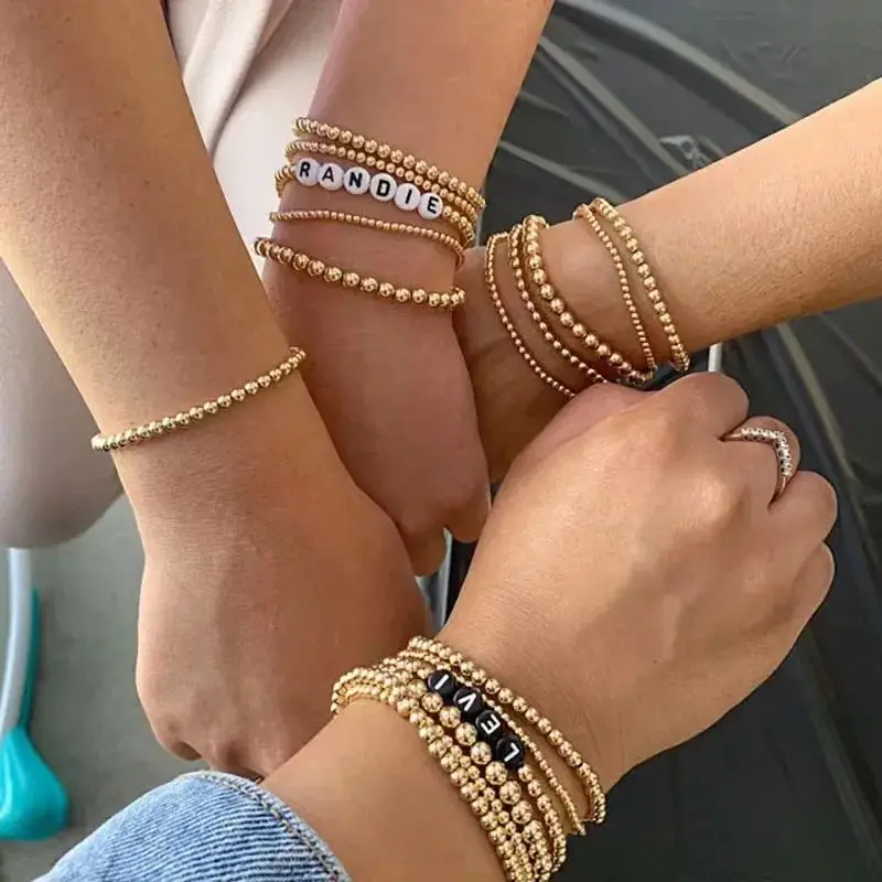 MAMA Letters Stainless Steel Beads Ball Bracelet Stretchable Elastic 18k Gold Plated Beaded Bracelets For Women Girls Gift