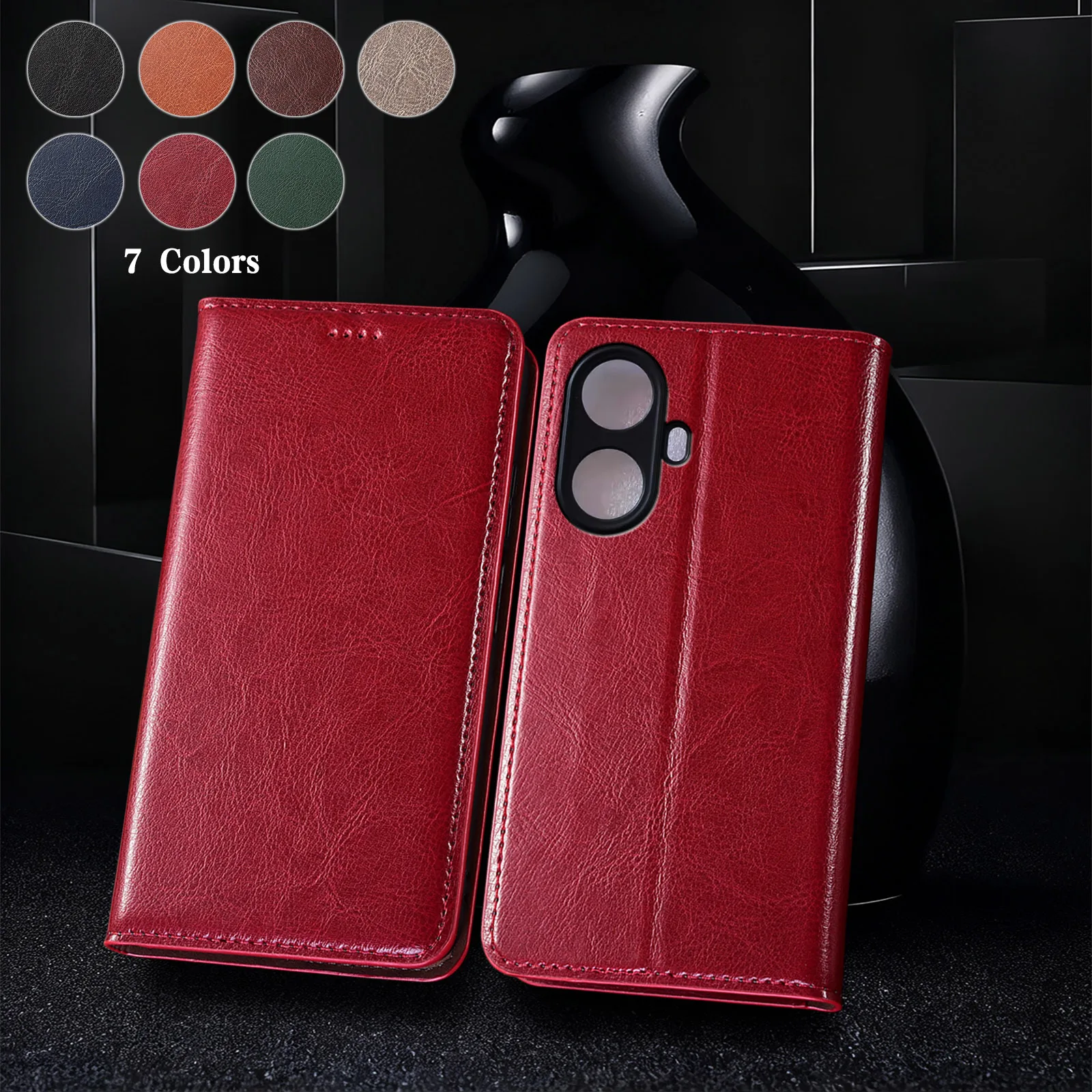 

For Realme X XT X2 X3 3 5 6 7 8 8i 9 9i 10 Pro Plus CrazyHorse Pattern Genuine Leather Flip Phone Case Cowhide Scratch-Resistant