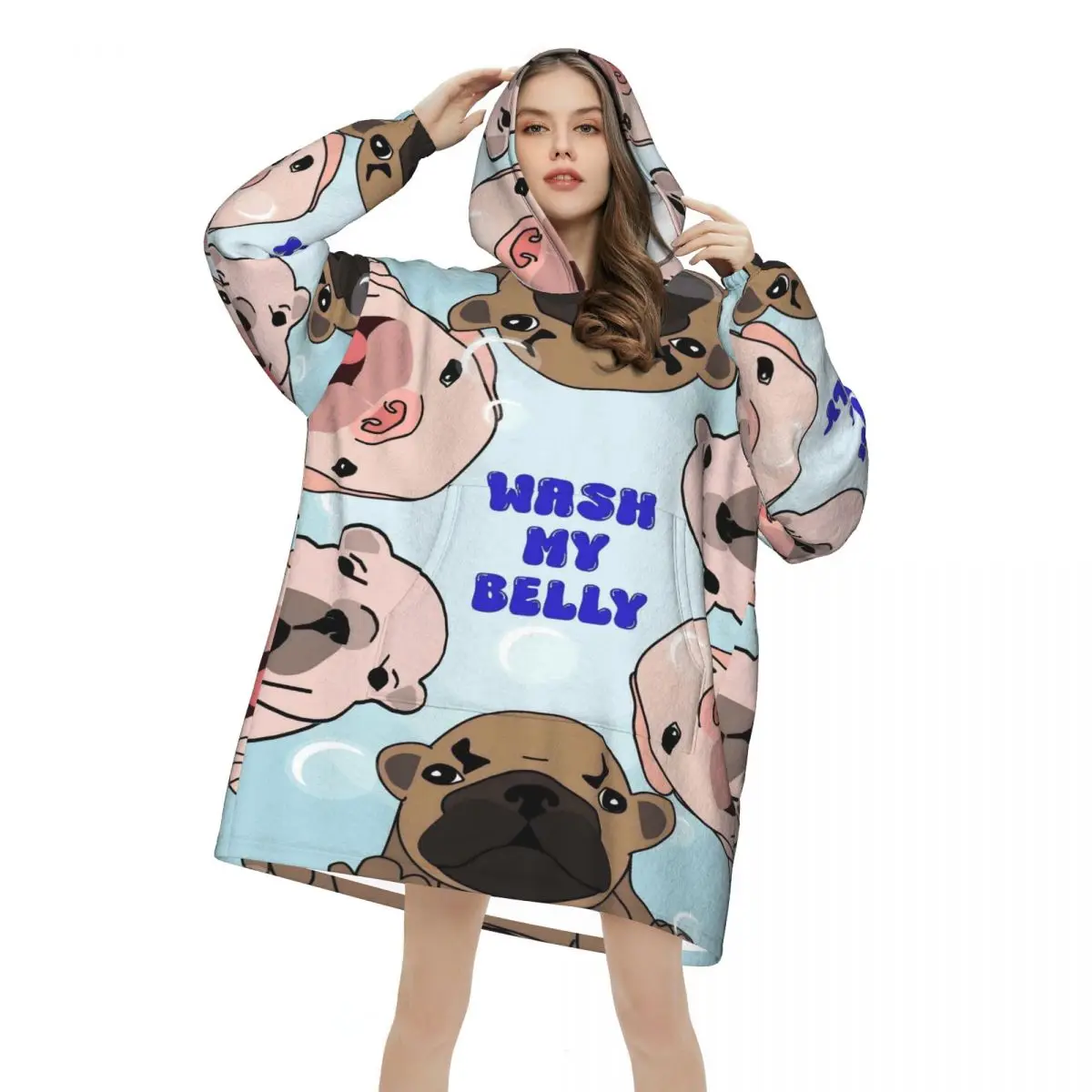 Pibble Meme Wash My Belly Blanket Hoodie Wearable Blanket Oversize with Pocket Warm Sleeping Bag Soft Cozy Onesie