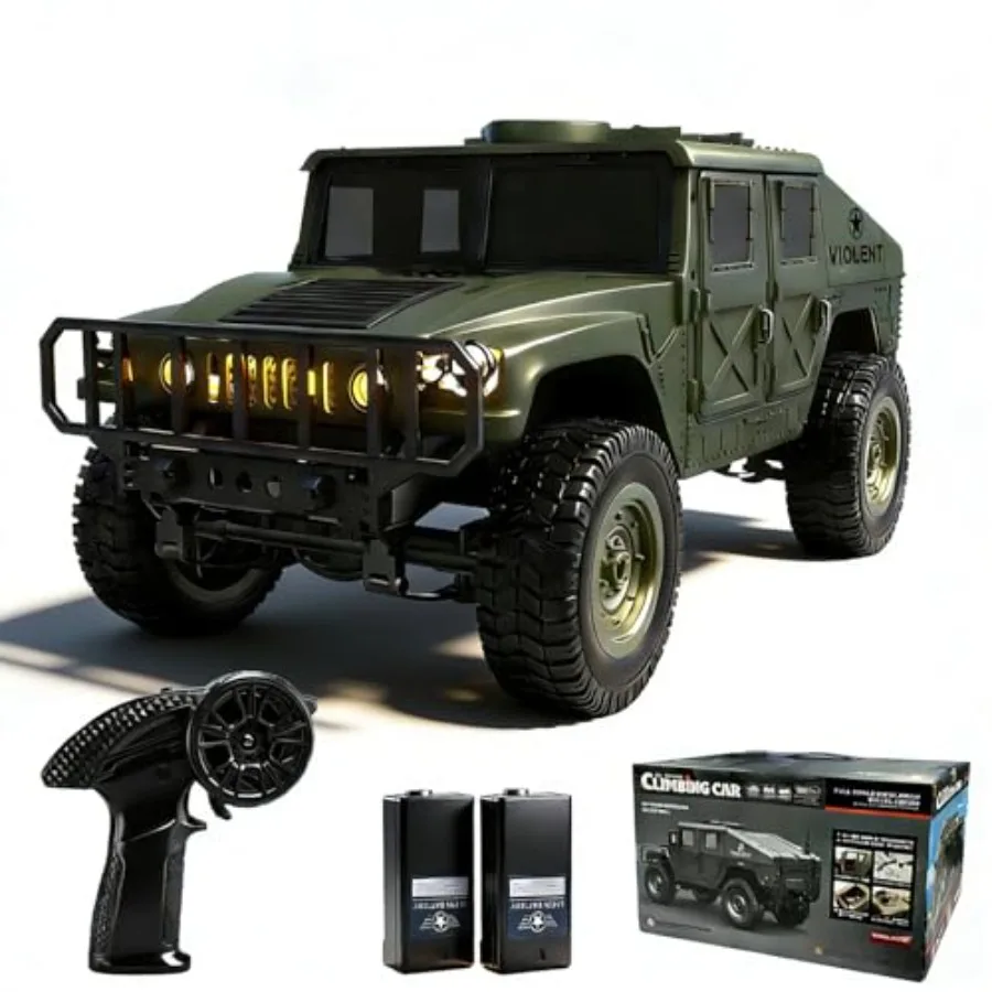 All Terrain RC Military Truck for off-road use, ABS plastic body, green, waterproof with headlights, turn signals, and recharge