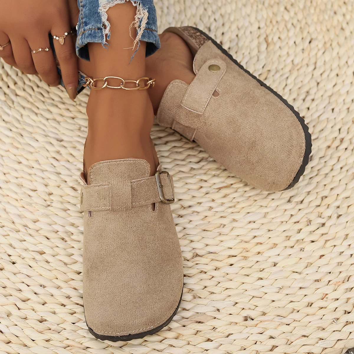 Casual Fashion Women Suede Mules Slippers Men Clogs Cork Insole Sandals with Arch Support Outdoor Beach Slides Home Shoes