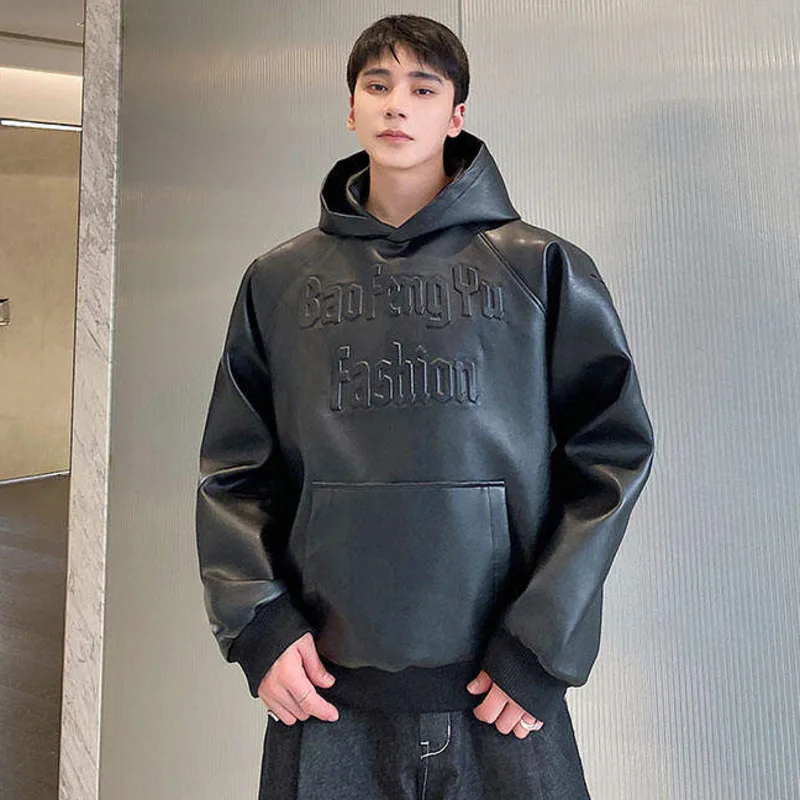 IEFB Winter Fashion Embossed Letter Men's Hooded Pullover 2023 Solid Color Darkwear Solid Color Male Pocket Casual 9A6481