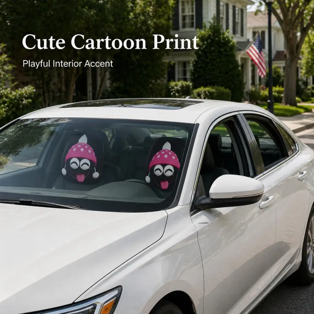 2Pcs Car Headrest Covers with Squinting Tongue-Out Face in Pink Polka Dot Hat Print, 2D Flat Printed, High Elastic Breathable.