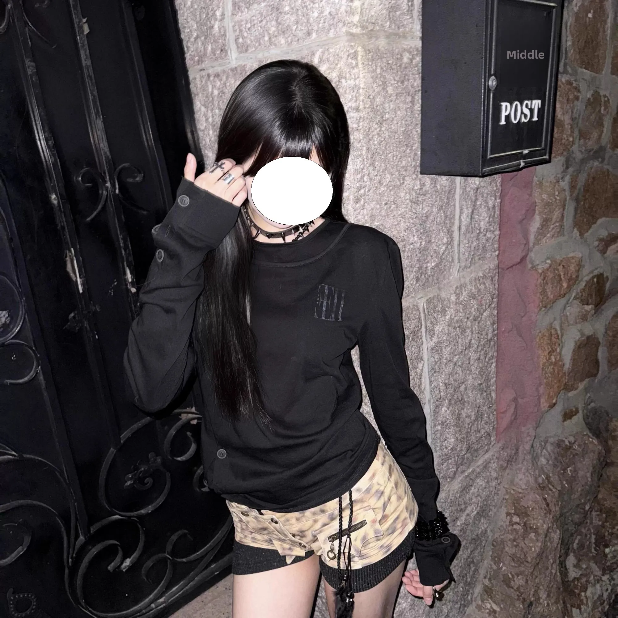 Y2K American Street Style Long Sleeve Women's Early Autumn Outfit Black Shoulder Fit Waist T-Shirt Subculture Slim Fit Top