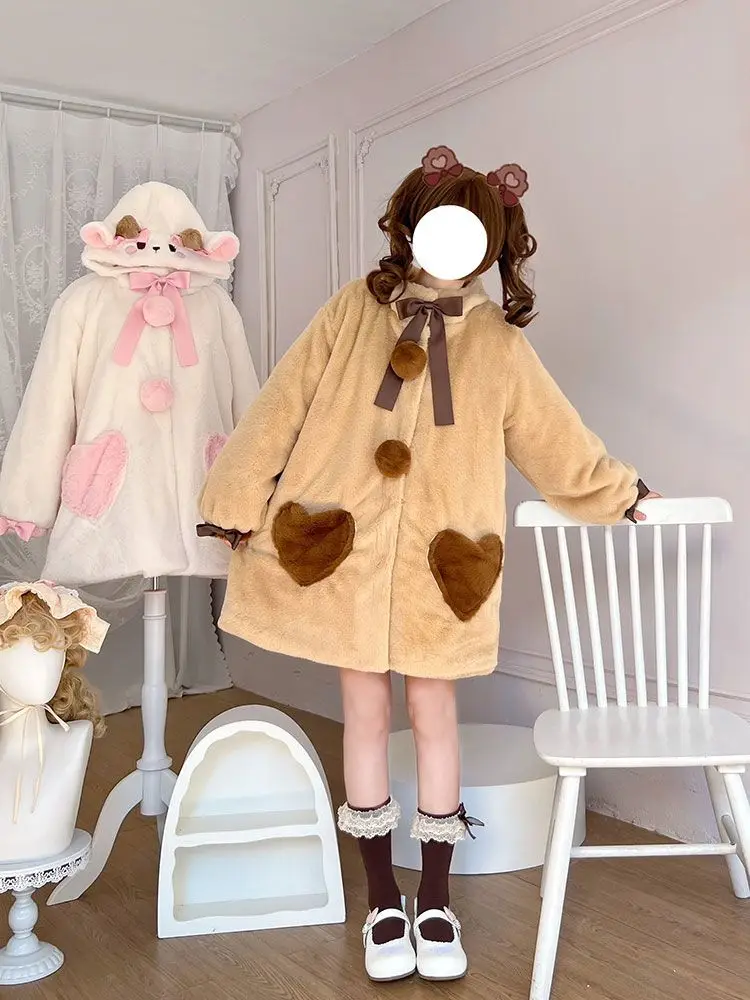

Coalfell Original Winter Coat Cute Little Bear Lamb Thick Cotton Coat Hooded College Style Soft Girl