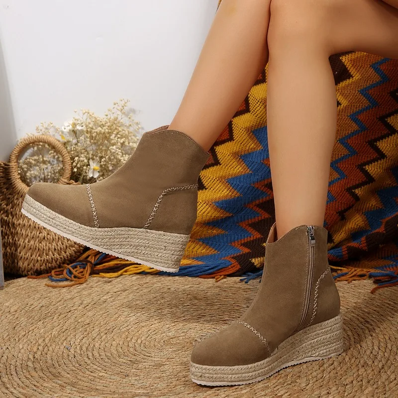 

2023 зимняя обувь для женщин, женские ботильоны с боковой молнией, женская обувь на танкетке и среднем каблуке, женские ботинки на платформе