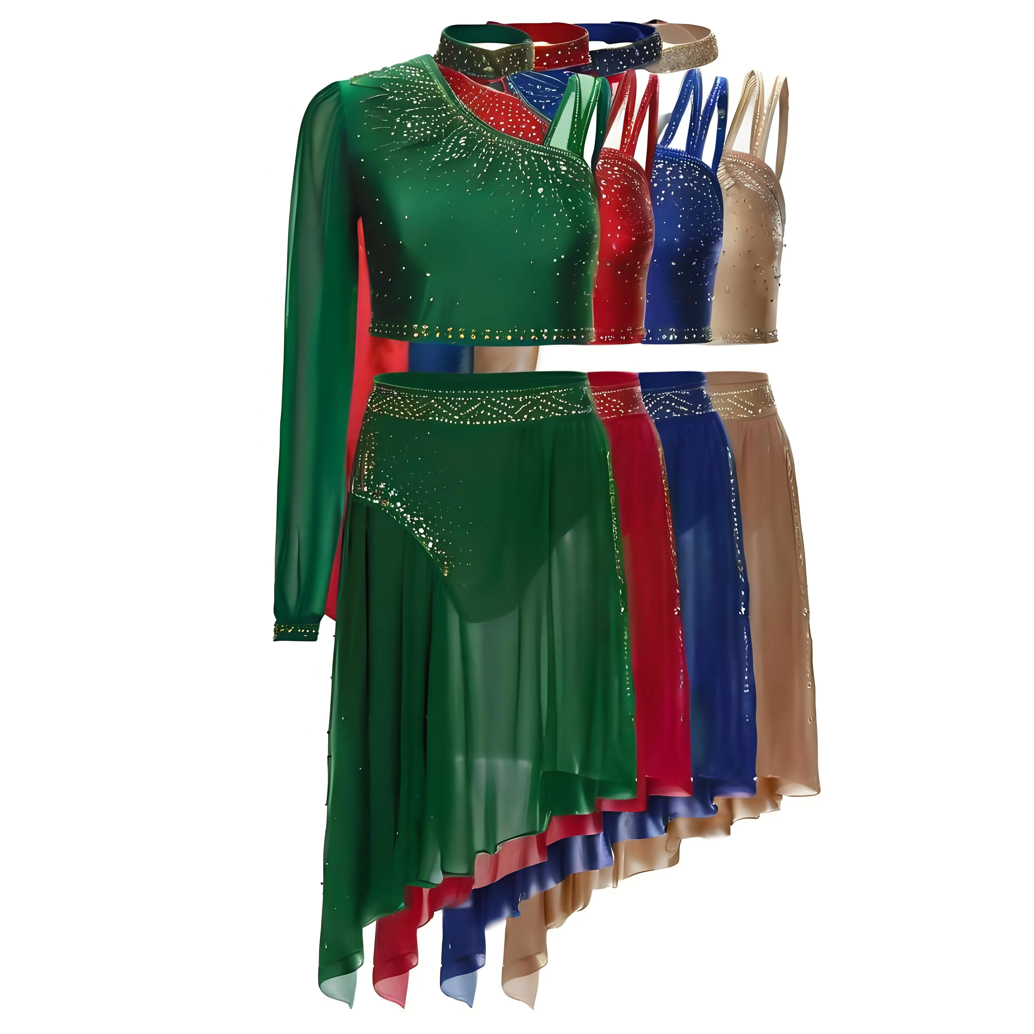 

Женский лирический танцевальный комплект, современный современный костюм, асимметричный укороченный топ со стразами и купальник с юбкой, наряд для фигурного катания