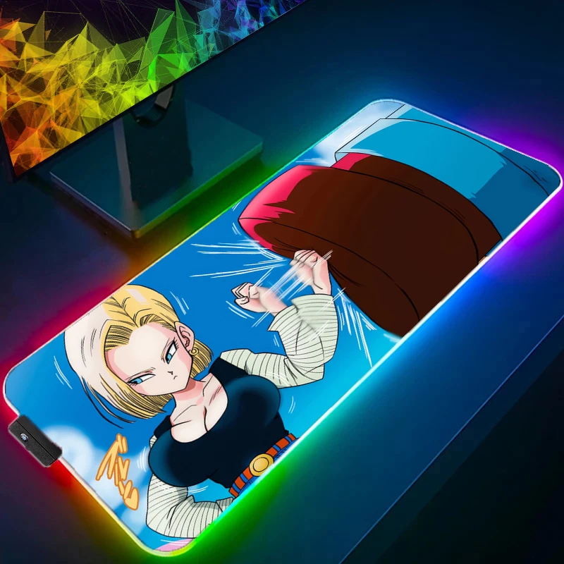 Dragon Ball Android 18 LED Mouse Padคอมพิวเตอร์แล็ปท็อปอะนิเมะคีย์บอร์ดRGBแผ่นรองเม้าส์Mousepadคีย์บอร์ดเกมBacklightโต๊ะ