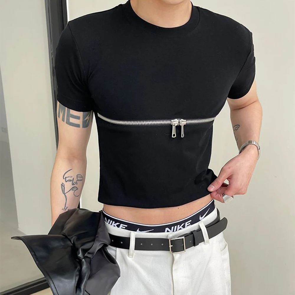 Fashion Crop Tops Men T Shirt Zipper Solid O-neck Short Sleeve T Shirt Summer Y2k Streetwear Unisex Short Tees Casual Camisetas