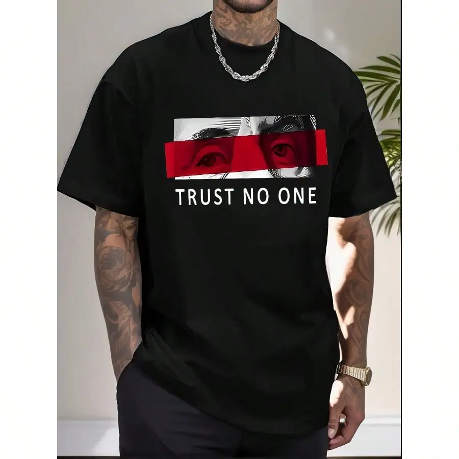 

Men's Extra LargeTrust No One Graphic T-Shirt Casual Cotton Short Sleeve Loose Fit Red Black Striped Design Machine Washable
