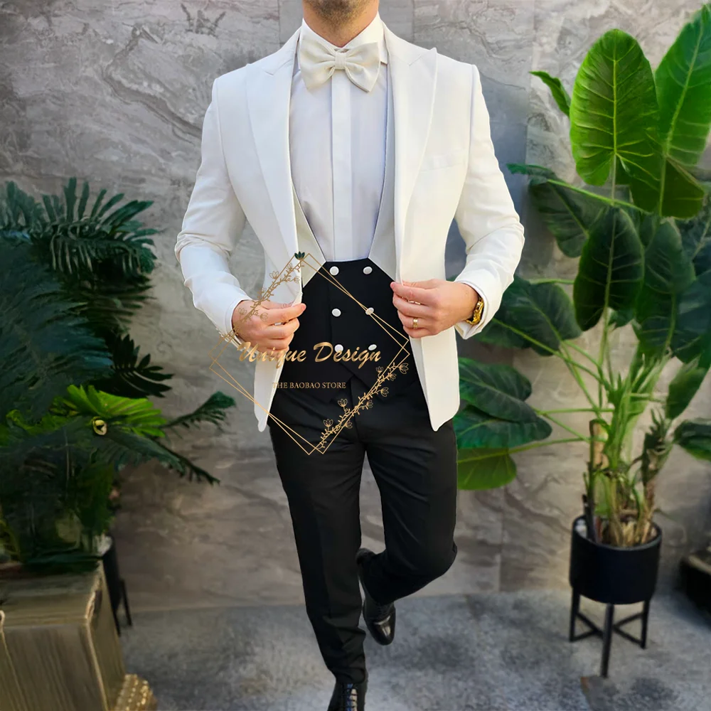 

Elegant Men's Suit 3-piece White black Set Peak Lapel Jacket Vest Pants Tailored fit for Wedding Groom Dance Family Party Tuxedo