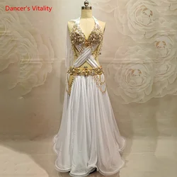 Conjunto de competición de danza del vientre para adultos, traje de baile de vientre blanco elegante, falda de rendimiento dividida, columpio grande, personalización