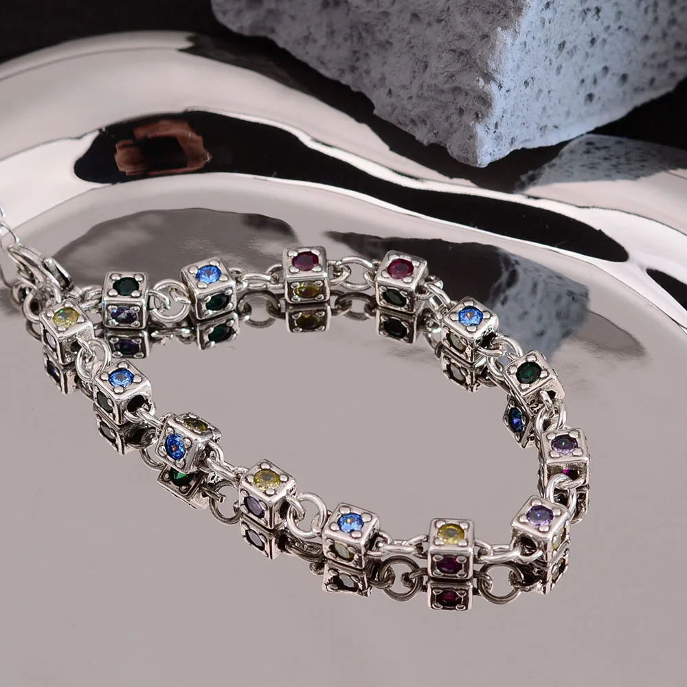 New Arrival Vintage Square Sugar Colorful Crystal Thai Silver Female Bracelet Promotion Jewelry For Women Gifts Cheap No Fade