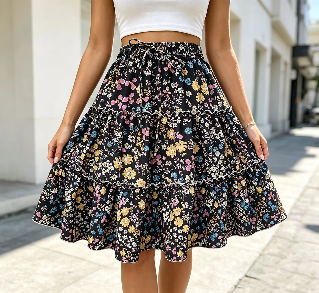 Women's Bohemian-Style Floral-Patterned High-Waisted Ruffled Layered mini Skirt with vintage Floral Print - a Swinging Short Ski