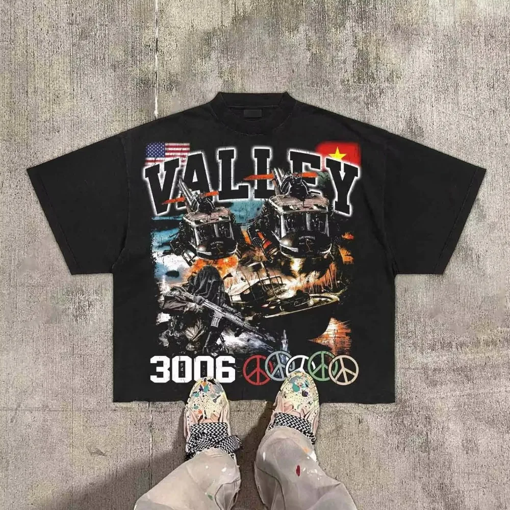 Vintage Warzone Valley Division Graphic Tee Cotton T-Shirt Cropped Tees Men and Women Same Style  Casual and Comfortable Tops