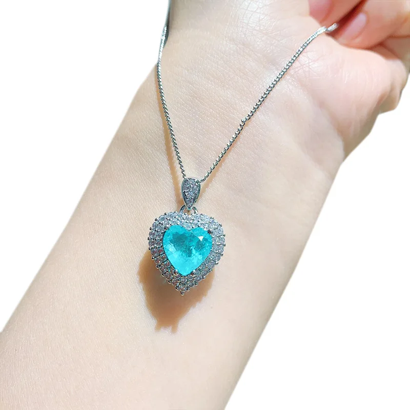 925 Sterling Silver Heart Shaped Paraiba Tourmaline Emerald High Carbon Diamond Pendant Necklace Fine Jewelry Free Shipping Item