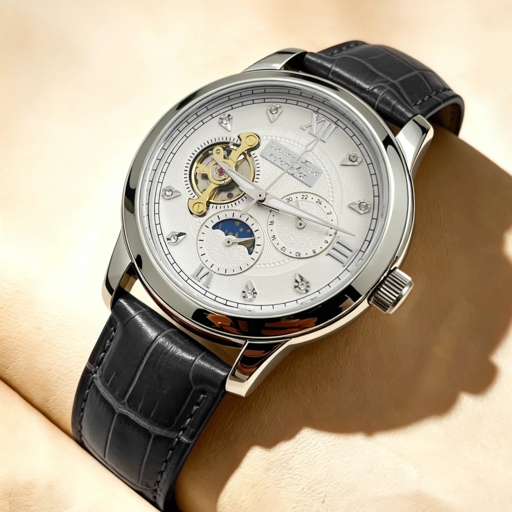 High-End Personalized Hollow-Out Men's Automatic Mechanical Watch, Trendy and Cool Diamond-Encrusted Wristwatch, Moon Phase Multi-Function Luminous Waterproof Leather Strap Men's Watch, Light Luxury Niche Designer Men's Watch, Versatile for Business, Leisure, and Commuting, Tough Guy Trendy Style Men's Mechanical Wristwatch, Perfect Gift