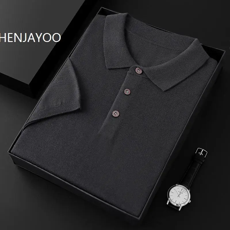 CHENJAYOO Classic Men Knitwear Silk Wool Blend Sweater Pullover Polo Neck T-Shirt Short Sleeved Loose Cool High-Quality Clothing