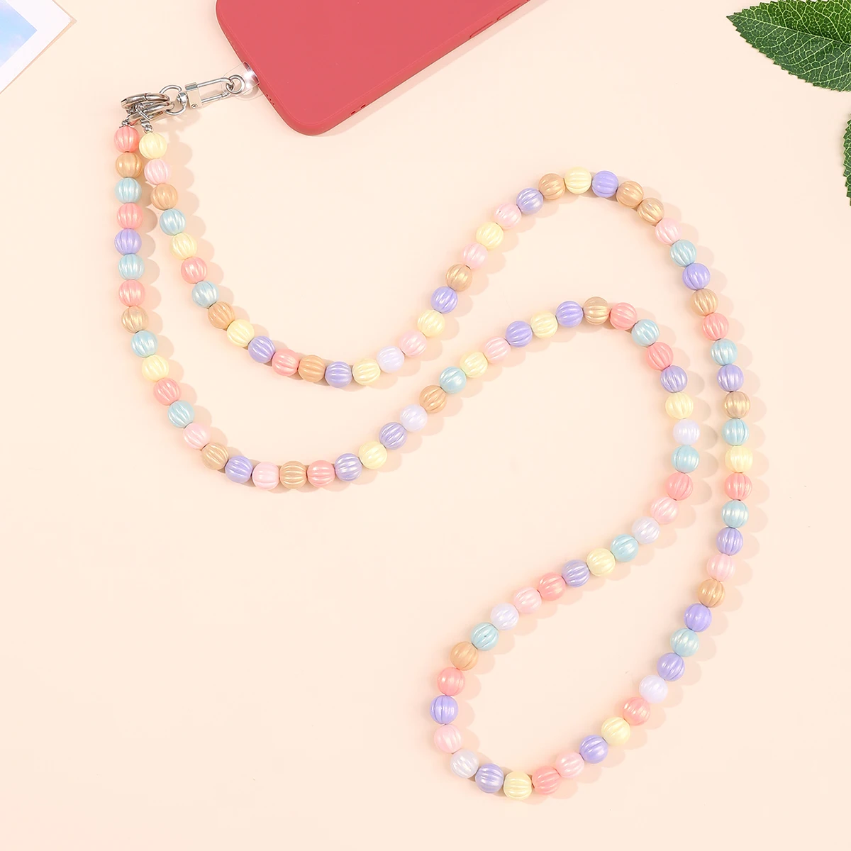 Colorful Bead Chain Pumpkin Bead Chain Plum Blossom Chain Long Oblique Cross Mobile Phone Strap with Transparent Card