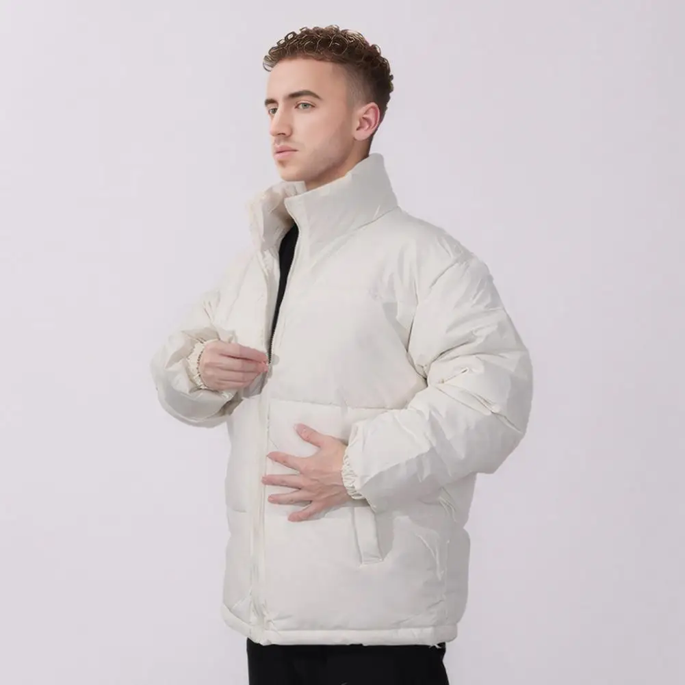 

Men Thickened Jacket Cotton Coat Solid Color Stand Collar Long Sleeve Down Coat with Pockets Winter Thickened Warm Outerwear