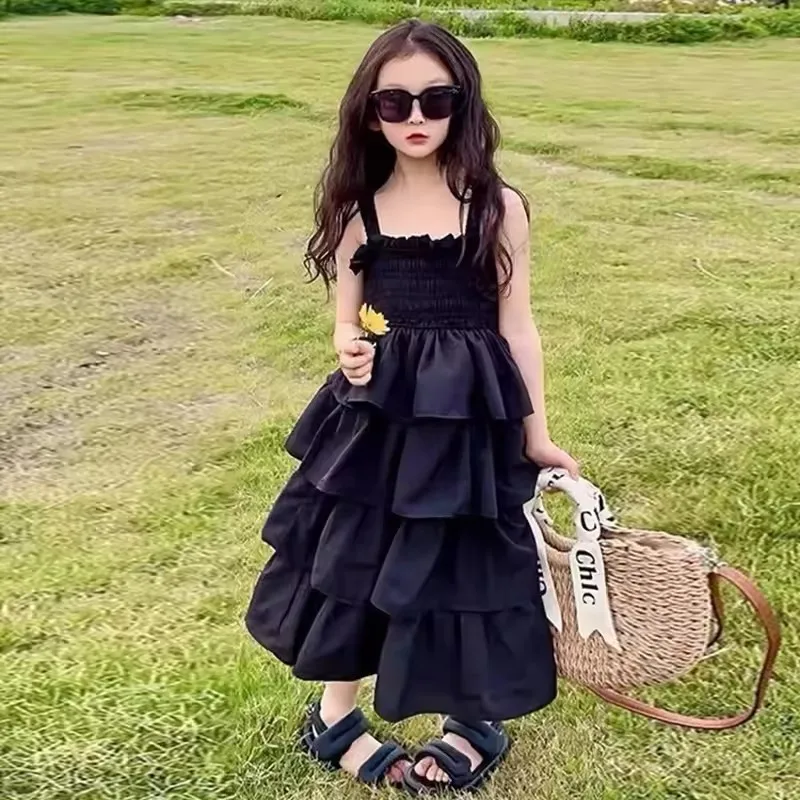 Girls Sling Dress Summer Children Layers Slip Long Gown Kids Birthday Party Vestidos Clothes Teen Casual Sleeveless Dress 4-12Y