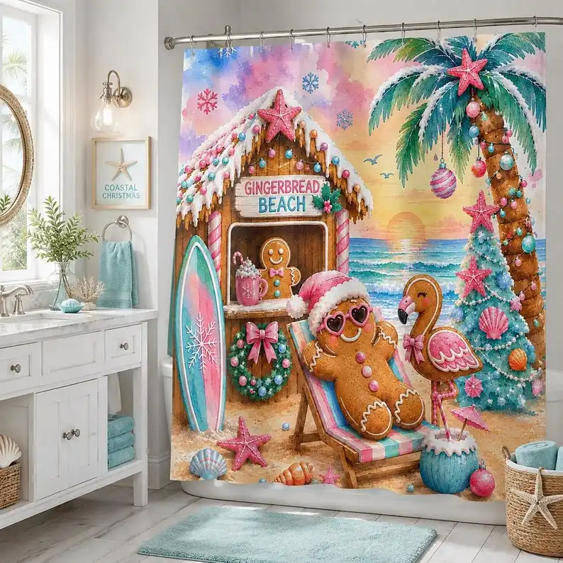 Gingerbread Beach Scene Shower Curtain |   Tropical Holiday Bathroom Decor