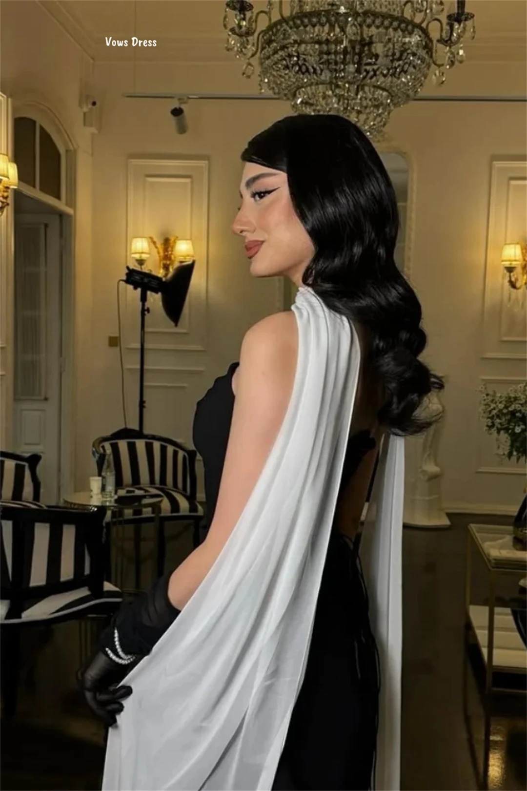 فساتين سهرة مصنوعة حسب الطلب باللونين الأبيض والأسود للمناسبات الخاصة فساتين حفلات فاخرة للسيدات 2025 شيفون