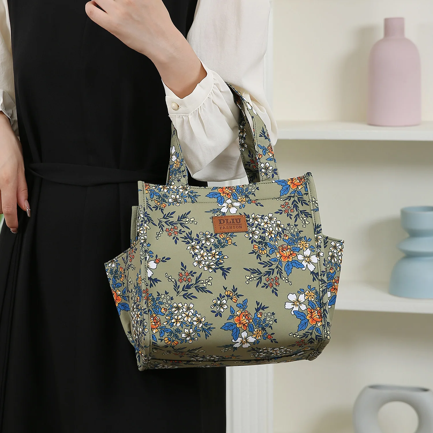 Neue Handtasche aus verdicktem Stoff mit Blumenmuster, Lunch-Tasche, tragbare Lunchbox-Aufbewahrungstasche, Reißverschluss-Design, multifunktionale Tragetasche – Detail 19