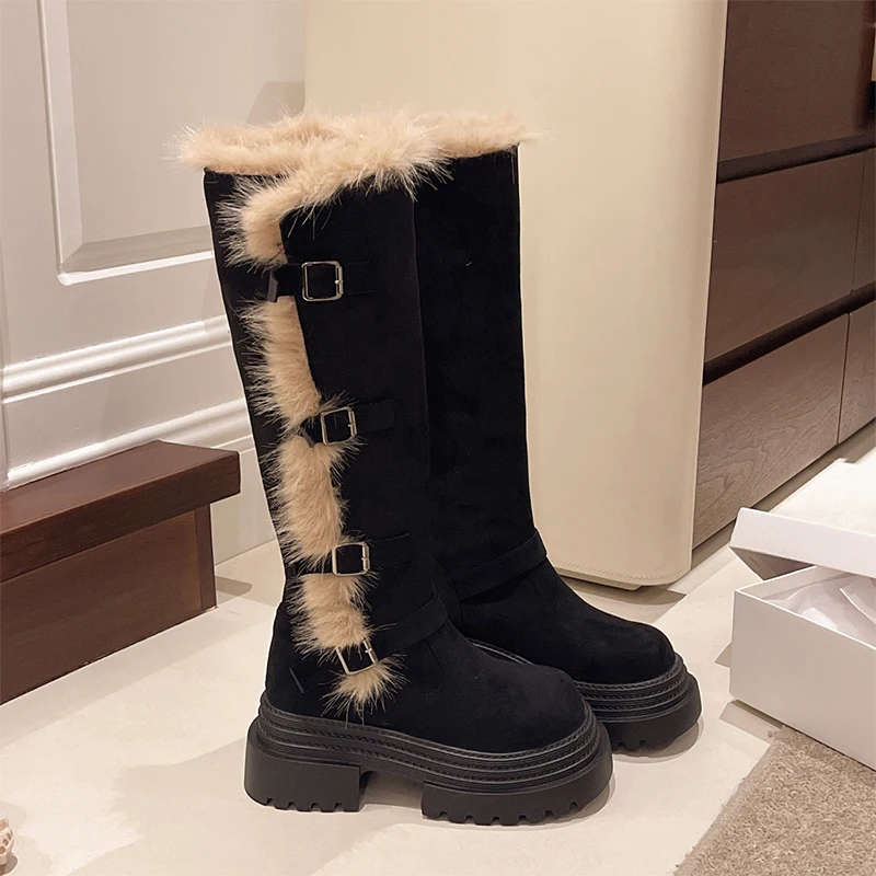 Women Fur Knee High Boots Flats Platform Shoes Warm Plush Snow Boots 2025 Winter Trend Sport Shoes Comfort High Boots De Mujer
