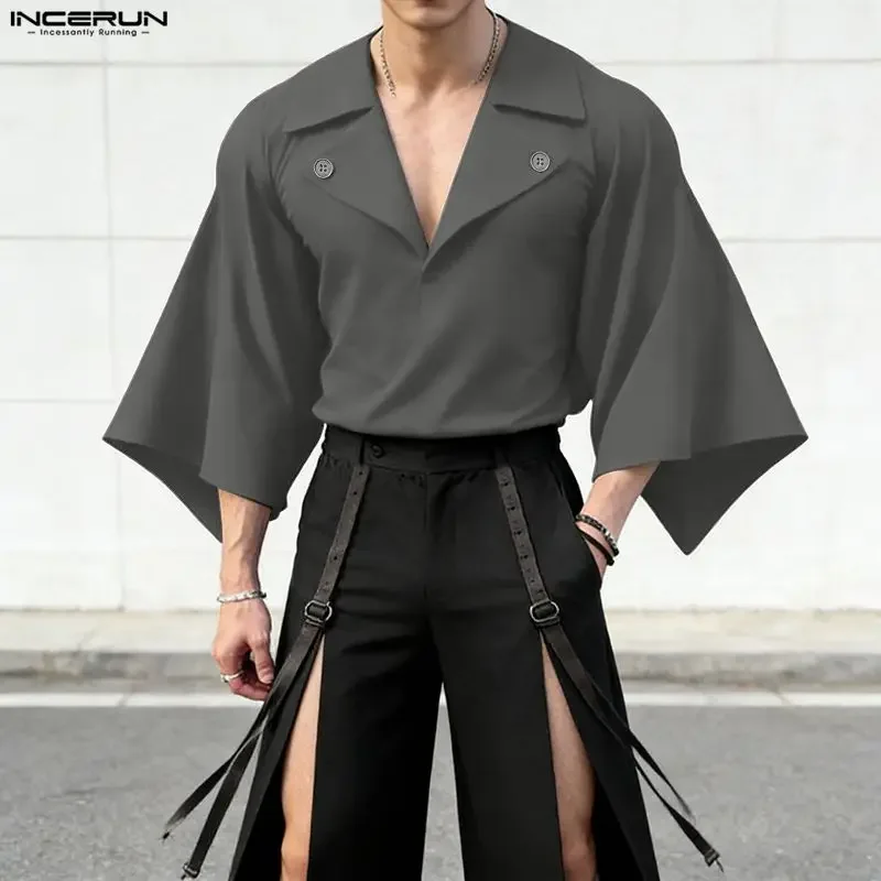 

INCERUN Men's Shirt Solid Color Oversize Lapel 3/4 Sleeve Menswear Clothing Summer Loose Streetwear 2026 Fashion Tops Camisas