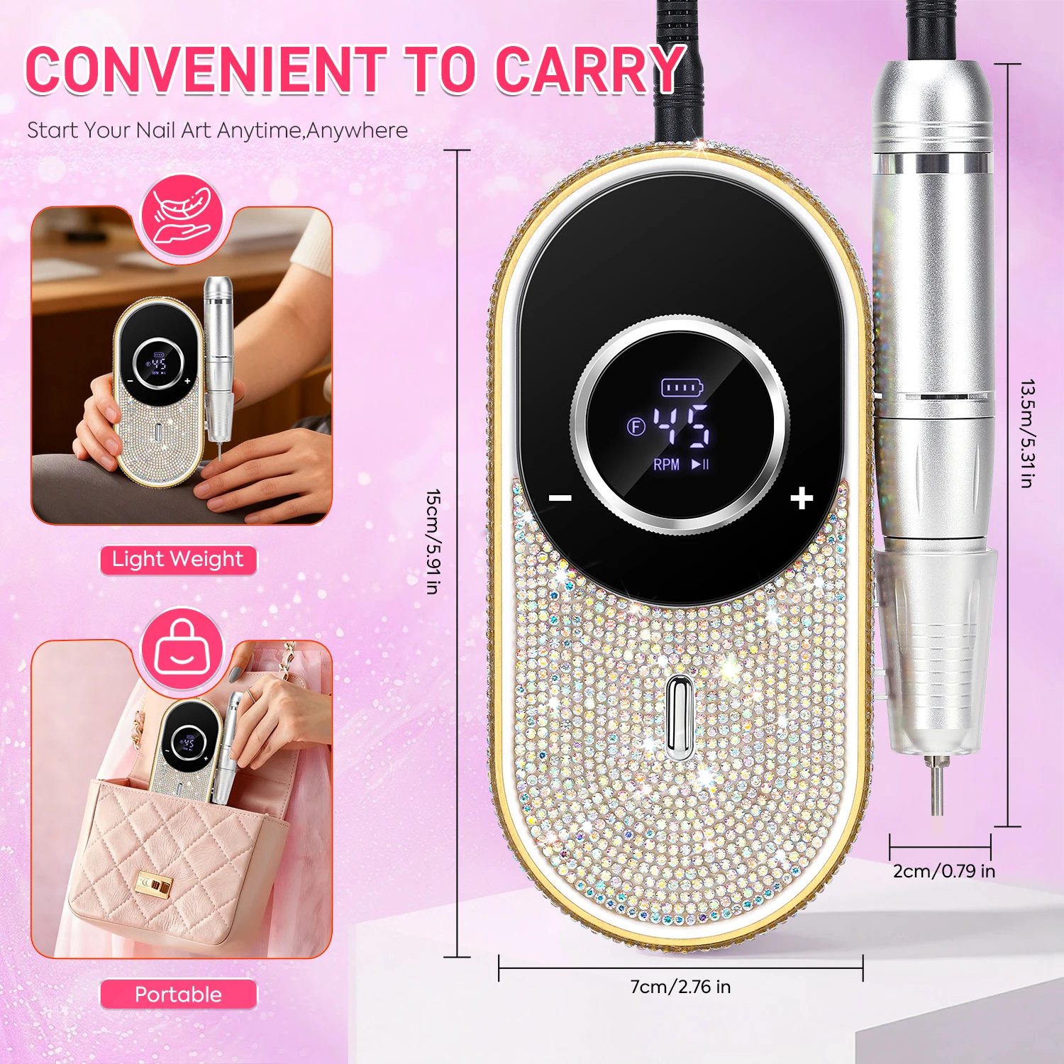 Perceuse à ongles électrique professionnelle, 45000 tr/min, Kit de perceuse à ongles Rechargeable avec perceuse à ongles à faible bruit pour outil d'art des ongles