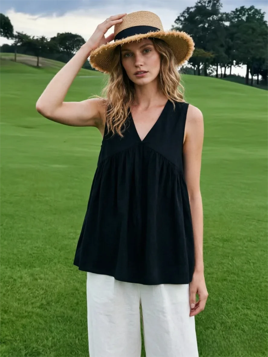 2026 Summer French Retro Deep V Neck Halter Cami Women Loose Fit Old Money Style Sleeveless Top Black White