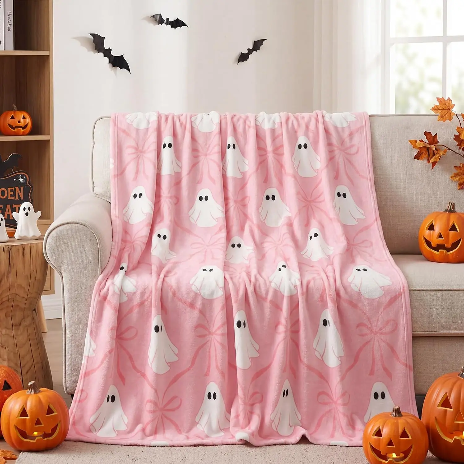 Hahafelt Halloween Pink Ghost Blanket Coquette Bow Throw Blanket