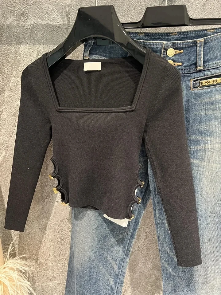 2024 early spring new black square neckline with metal decoration long sleeved slim fit T-shirt for women's top