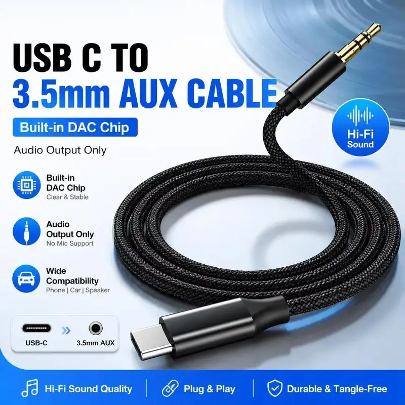 USB C To 35mm AUX Audio Cable Built In DAC Type C To AUX Adapter For USB C Phones Car AUX Speakers