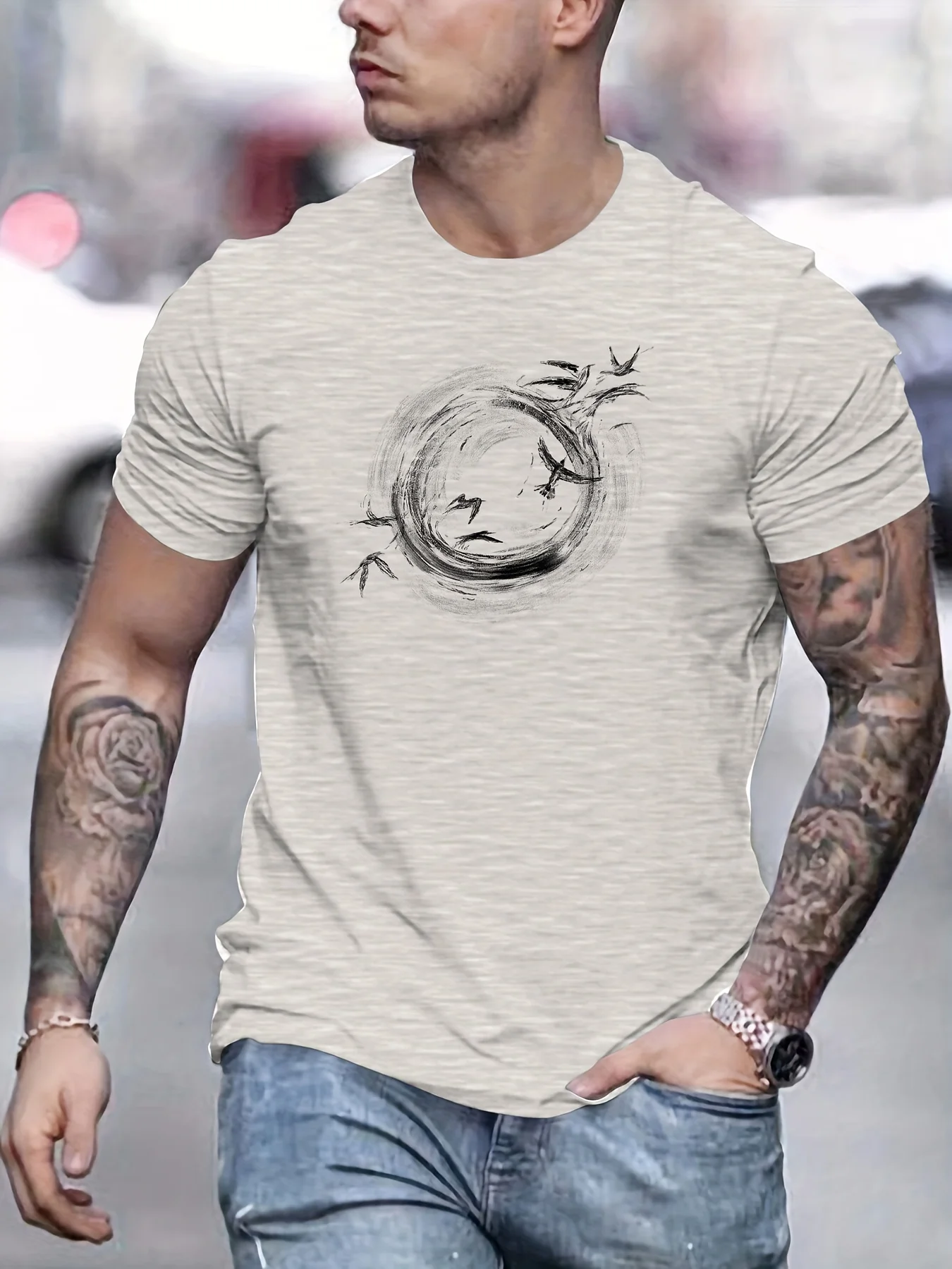Men's 100% Pure Cotton Fashionable Casual Loose and Simple Round Bird Pattern Printed Round Neck Short Sleeved T-Shirt Top