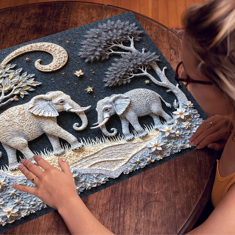 1000-teiliges Elefanten-Puzzle für Erwachsene – kompliziertes graues und weißes Elefanten-Design mit Sternennacht-Hintergrund, Scratch & Wat