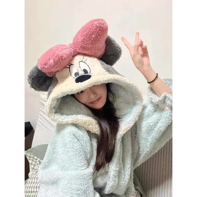 Miniso Disney Mickey Mouse Plush Warm Pajamas Set Big Bows Kawaii Hooded Robe Button Oversized Winter Sleepwear Women Clothing