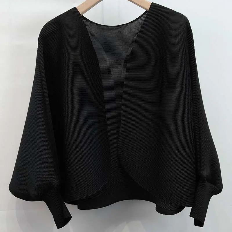 Women's Loose Batwing Sleeve Cardigan Long Sleeve Folded Hem Jacket plus Size Versatile Summer Thin Polyester Fiber round Neck