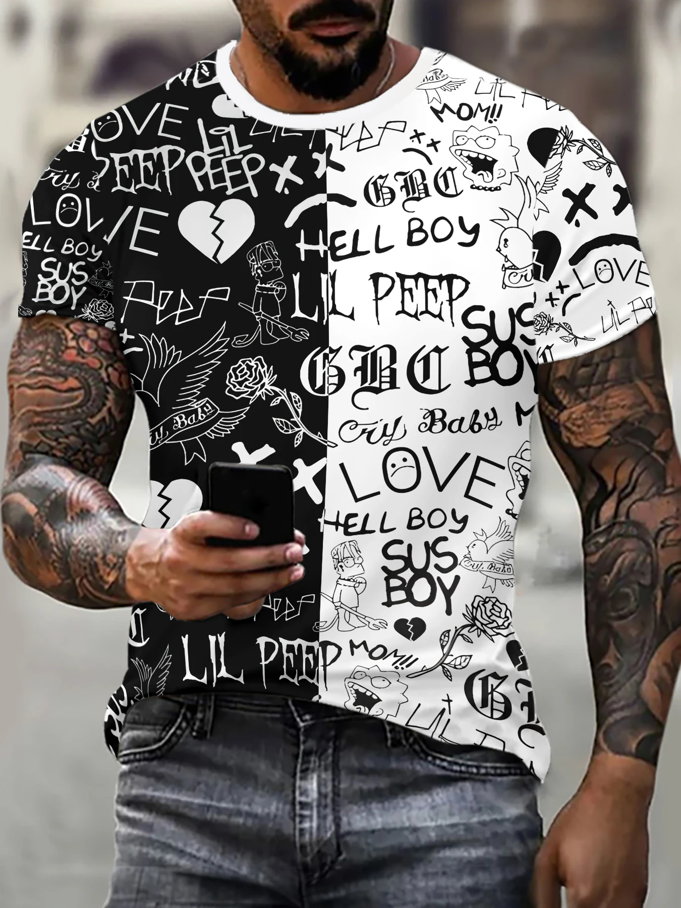 Men's Summer 3D Classic Two-Tone Graffiti T-Shirt, Black & White Streetwear Tee, Casual Hip-Hop Style Short Sleeve Top