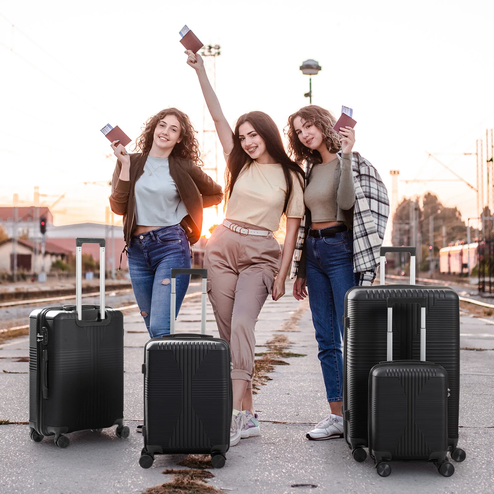 

16in, 20in, 24in, and 28in spinner suitcase sets. PP aluminum alloy pull rods, stylish colors, sporty luggage sets.