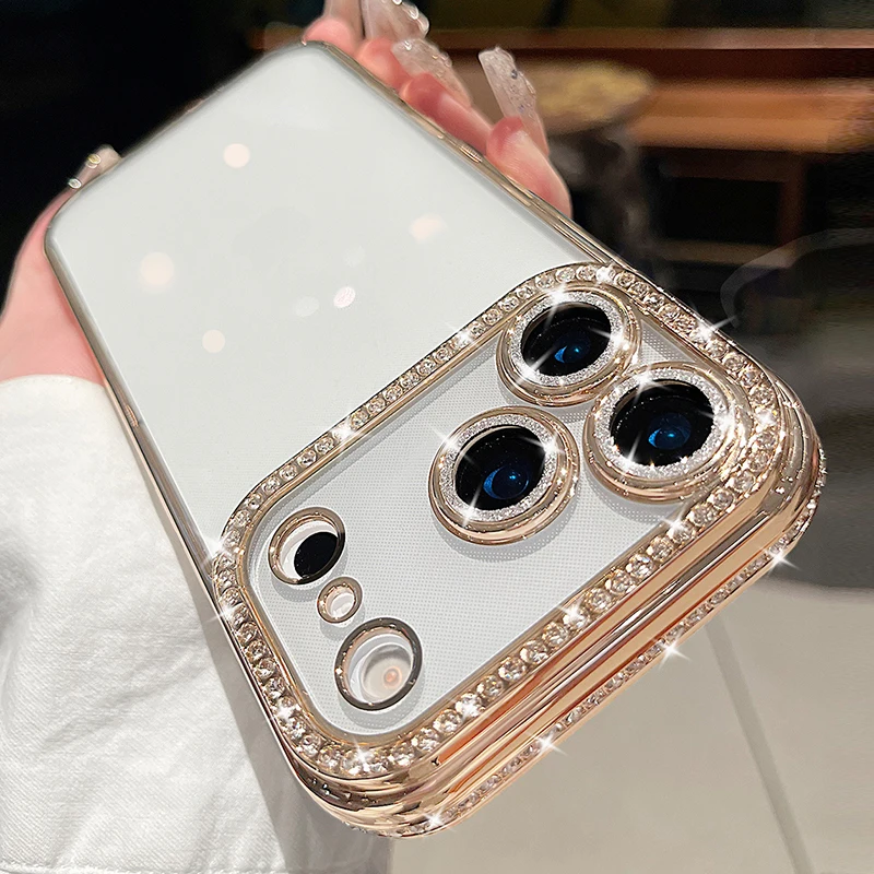 حافظة فاخرة لامعة ماسية لهاتف آيفون 17 برو 17 برو ماكس 17 16 15 14 13 12 11 16 ProMax غطاء نسائي مقاوم للصدمات كريستال شفاف