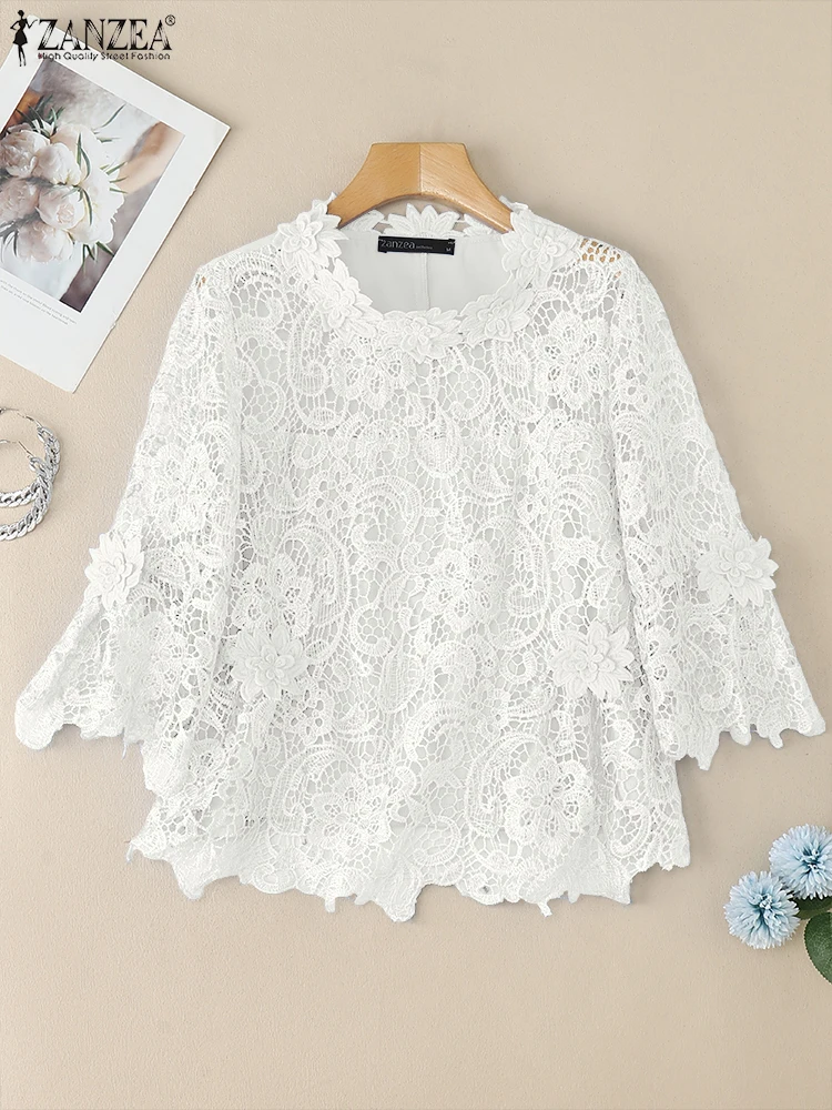 

ZANZEA Summer Lace Crochet Shirts Stylish Women Embroidered Blouse Bohemain Holiday Tops Tunic 3/4 Sleeve Patchwork Work Blusas