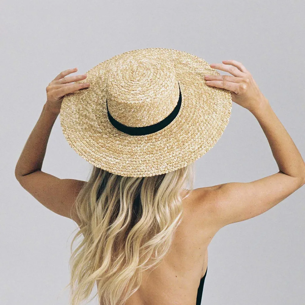 2026 Handwoven Flat Top Straw Hat Wide Brim Sun Hat Beach Vacation Hat Women Summer Foldable Raffia Weave UV Protection